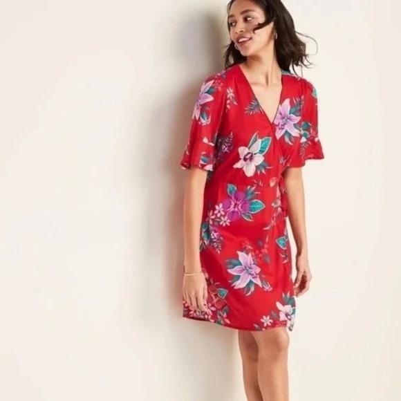 Old Navy  Waist-Defined  Red Bell-Sleeve Faux-Wrap Dress Large - Picture 1 of 8
